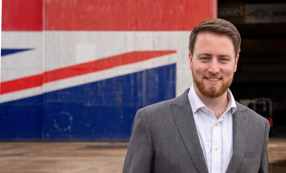 Jacob Young infront of a Union Flag